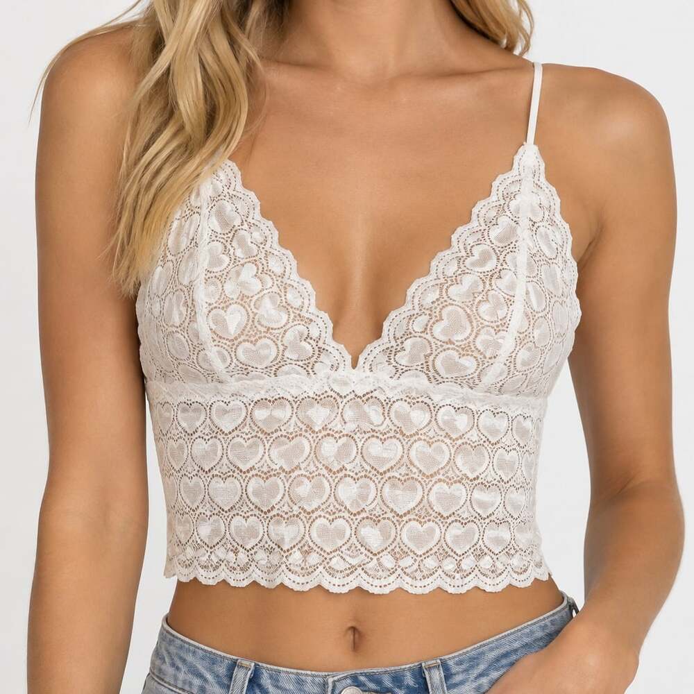 Joe Boxer Unlined White Heart Lace Bralette Crop Top